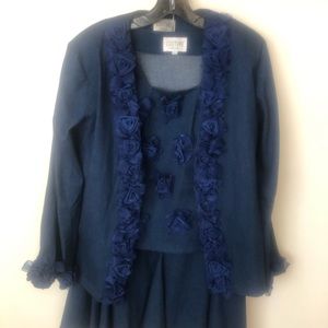 Couture New York three piece stretch blue denim skirt set.